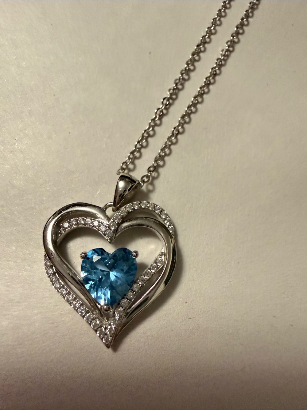 S925 Sterling Silver Blue CZ Heart Pendant Necklace 18” Double Heart